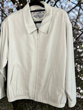 Men's 100% Silk Cream Resort Full Zip Bomber Jacket Size Medium
